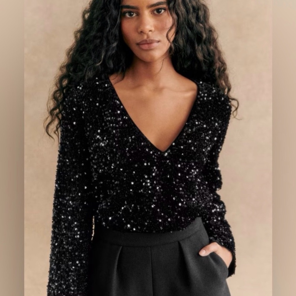 Sezane Shiny Blouse Black Sequins size 38 US 6